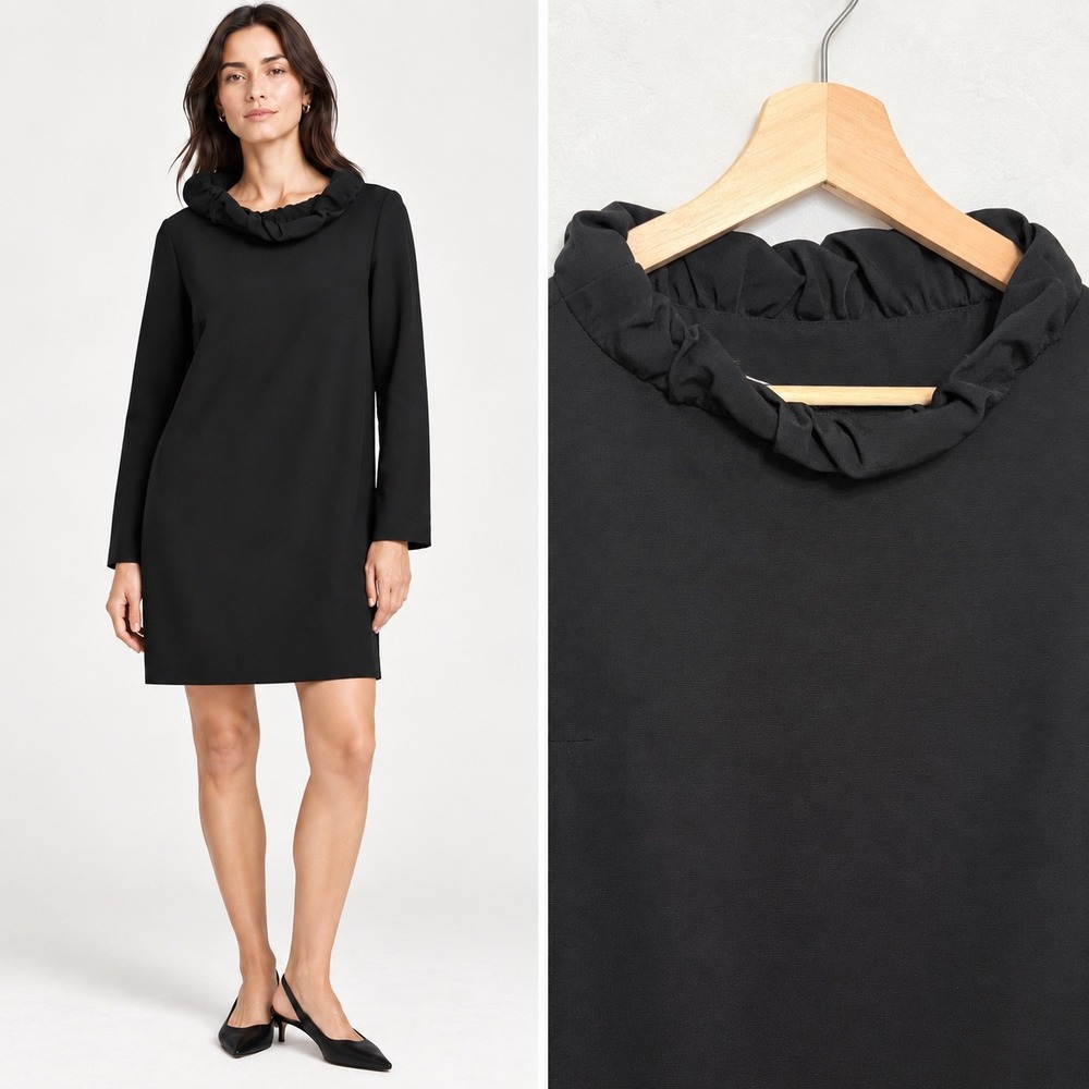 COS Women's Black Ruffle Neck Shift Dress Size 6 Scandi Minimalist LBD